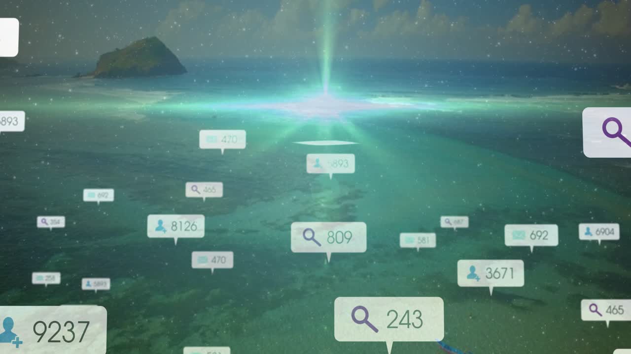 Etichette centrali che appaiono e si espandono sopra una laguna, illuminazione a bagliore, poi icone che svaniscono, mostrando attività