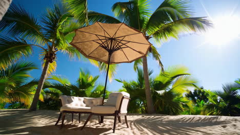 sunny tropical beach resort with palm trees and outdoor seating