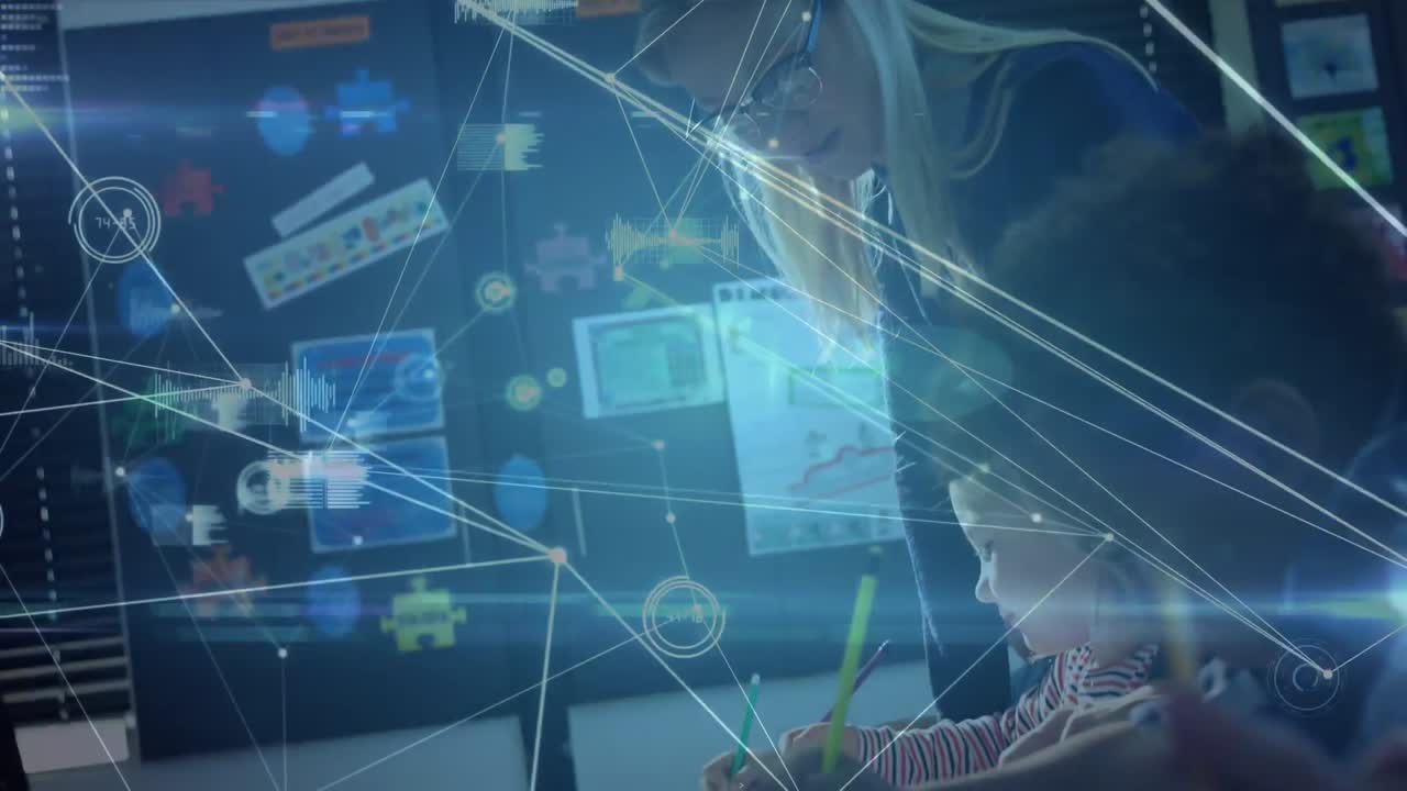 animación de una red de conexiones entre maestros y escolares felices y diversos