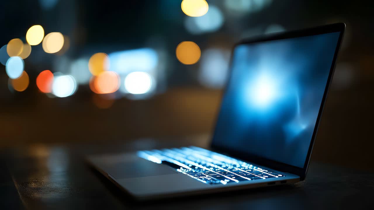illuminated laptop keyboard glowing on dark surface