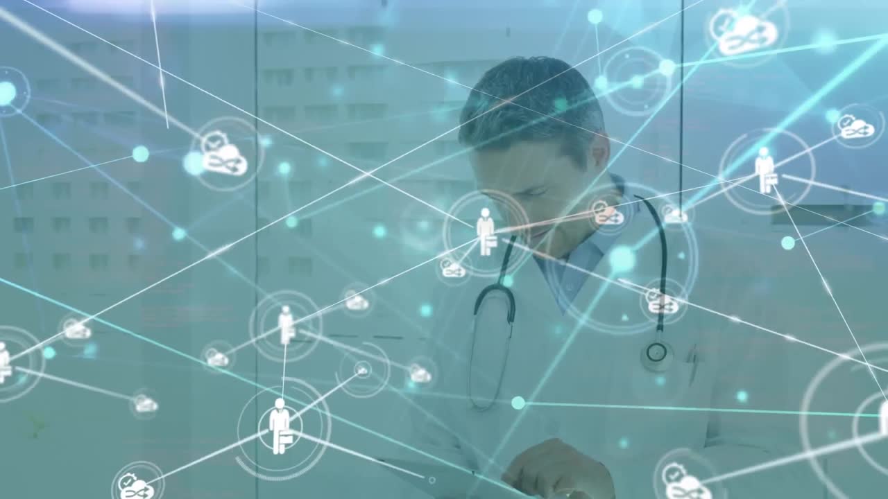 백인 남성 의사에 대한 아이콘과의 연결 네트워크의 애니메이션