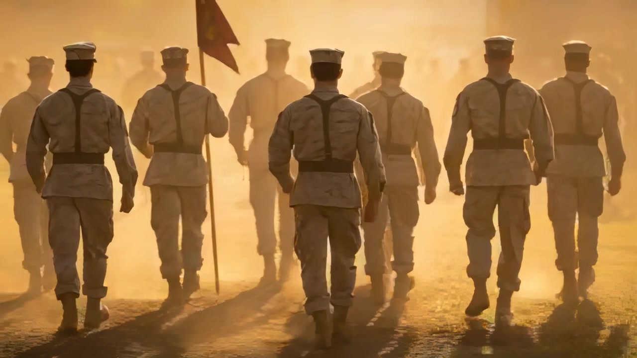 Truppe in marcia con uniformi desertiche avanzano lungo un campo di addestramento polveroso dopo un comando, portando un guidone.