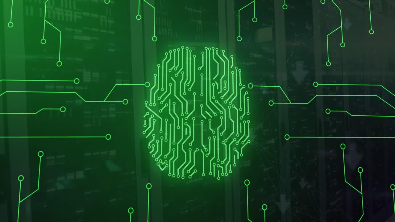 Animation of neon network of connections with digital brain over server room