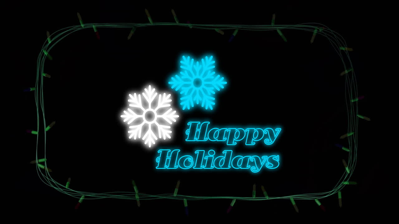 검은색 배경에 눈송이와 다채로운 스트링 조명과 함께 행복한 휴일 텍스트의 애니메이션