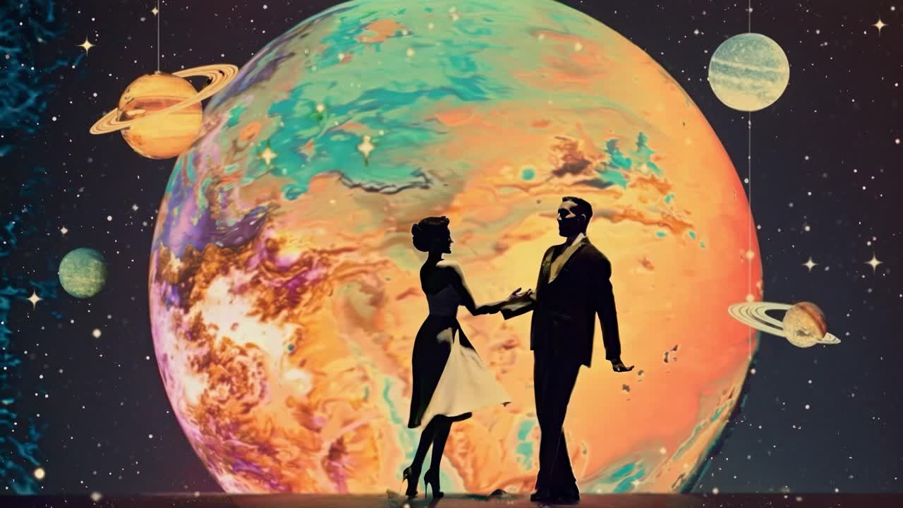 Silhouetted couple dancing in front of a colorful planet backdrop, shot from a side angle