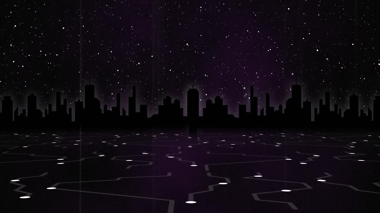 Animation of glowing white points with light trails against cityscape and night sky with stars