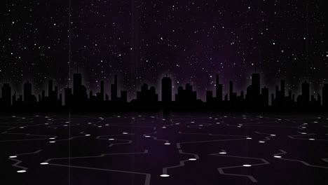 animation of glowing white points with light trails against cityscape and night sky with stars