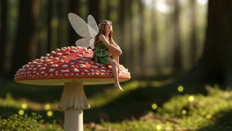 Enchanting Fairy Perched on a Magical Mushroom in a Lush Forest, Bathed in Soft Light with Sparkling Fireflies Surrounding Her, Creating a Dreamlike Atmosphere