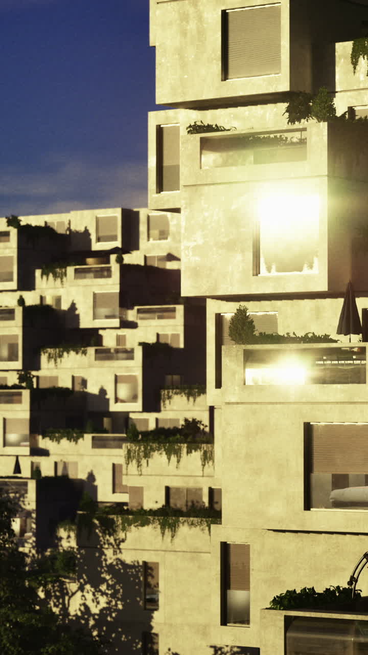 Modern architectural design of a unique building near water at dusk