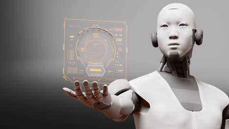 robot humanoid prototype holding holographic hologram with infographic on hand palm, artificial intelligence taking over concept, 3d rendering animation