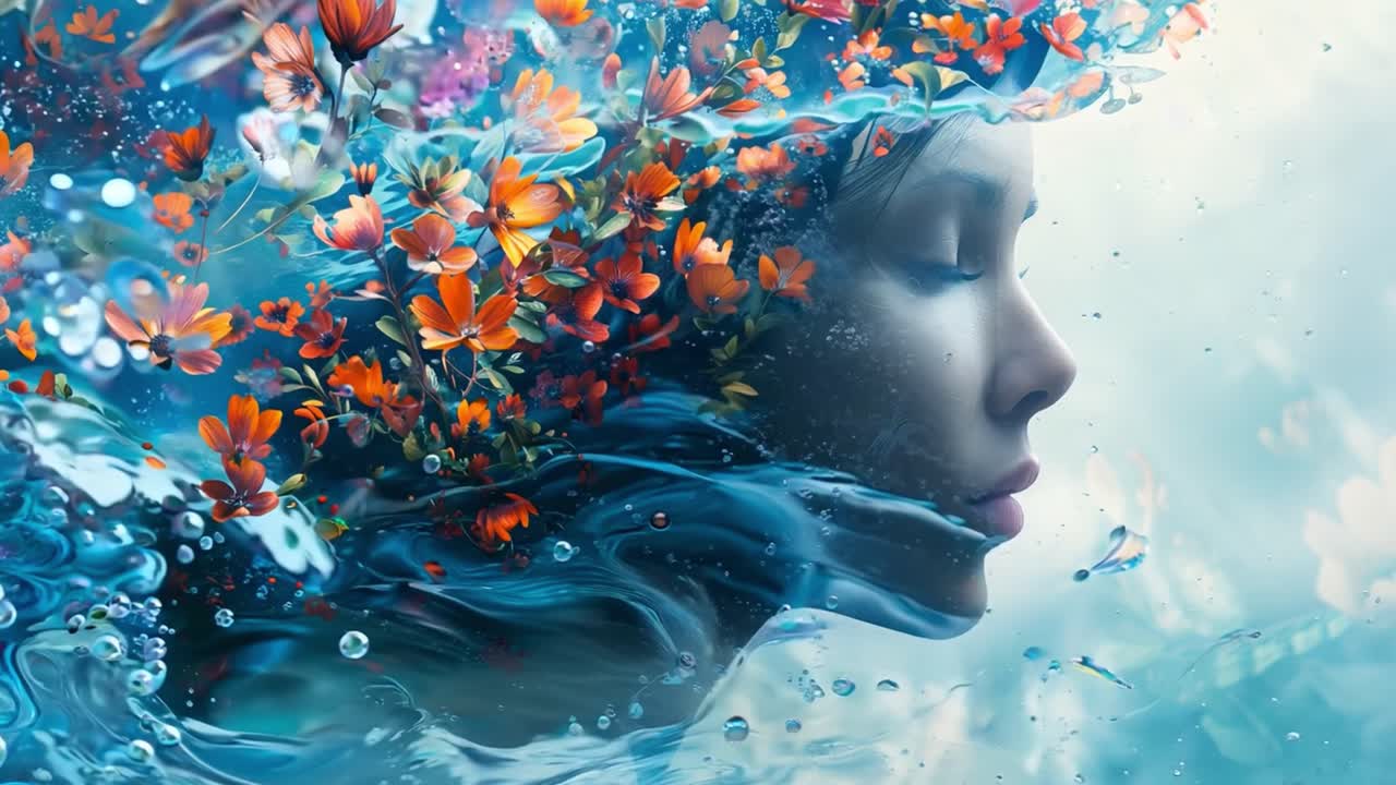 Ritratto etereo di donna con fiori e acqua