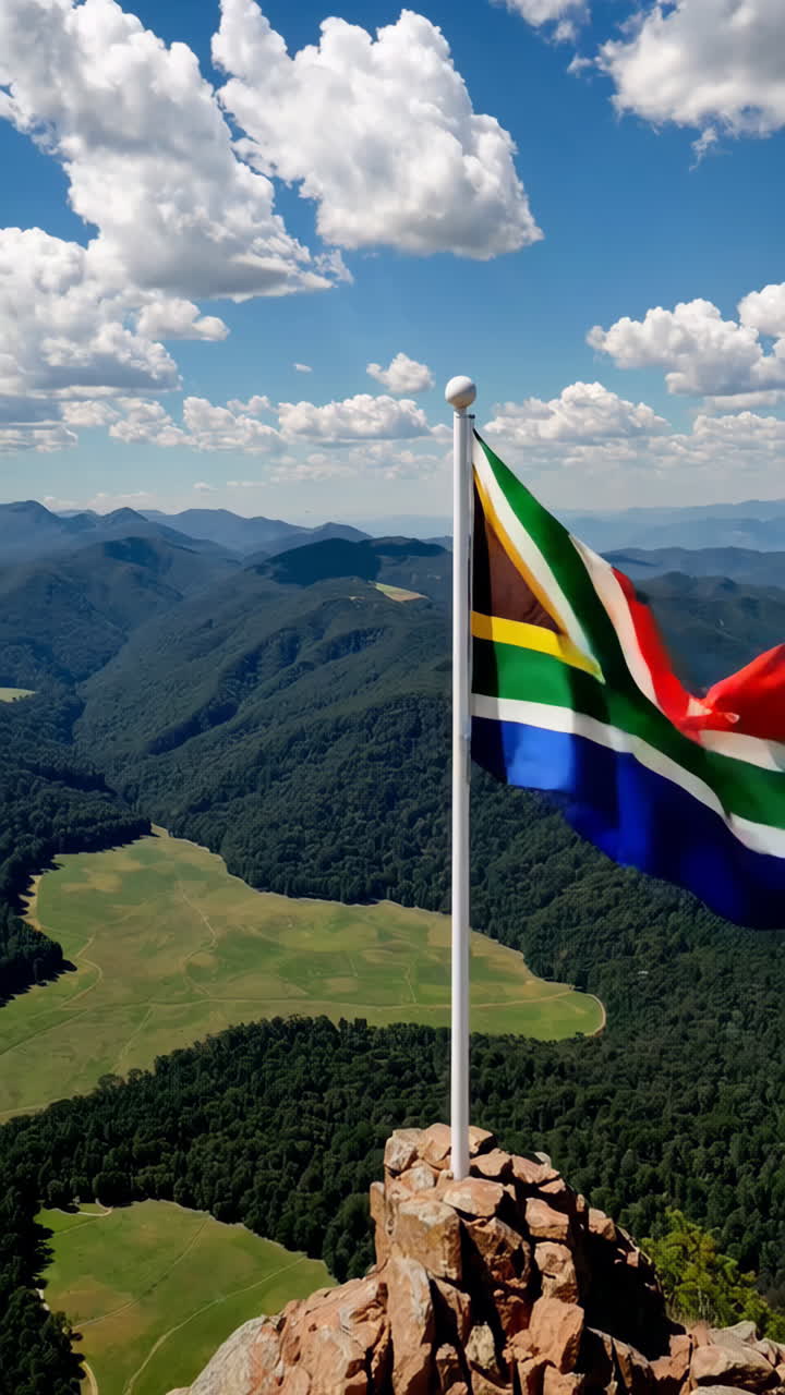 Bandiera sudafricana sulla vetta di una montagna