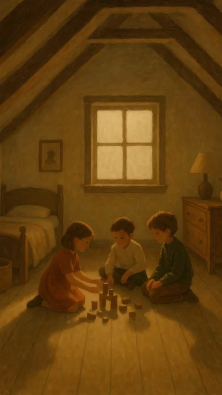 Varm, nostalgisk videoscene af børn, der leger med klodser på et loft