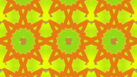 Kaleidoskopische-Formen,-Die-Sich-Hypnotisch-Auf-Gelbem-Hintergrund-Bewegen