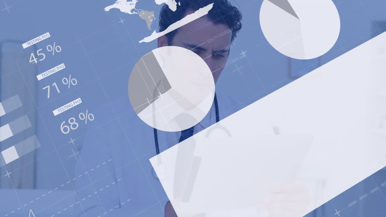 Male doctor reading clipboard, visualizing medical data with animated charts and grids