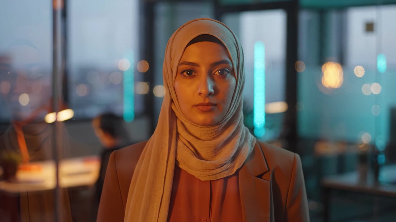 En selvsikker ung kvinde i professionelle omgivelser, iført hijab, stående i fokus midt i et moderne arbejdsmiljø med dæmpet belysning og diskret baggrundsaktivitet.