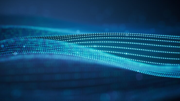 Linee curve fluide e sfondo di particelle, rendering in 3D