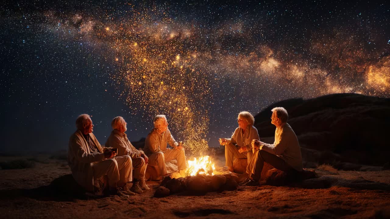 A Serene Gathering of Elders Around a Campfire Under a Majestic Night Sky Full of Stars and the Milky Way, Sharing Stories and Wisdom in a Tranquil Setting