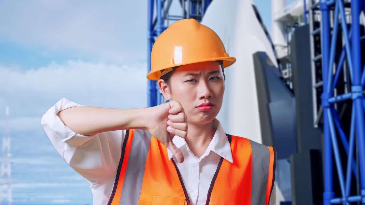 안전 헬을 착용한 아시아 여성 엔지니어가 엄지손가락을 내려놓고 우주왕복선에 서서 머리를 흔들고 있습니다.