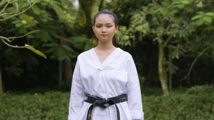 Donna che inizia la lezione di taekwondo.