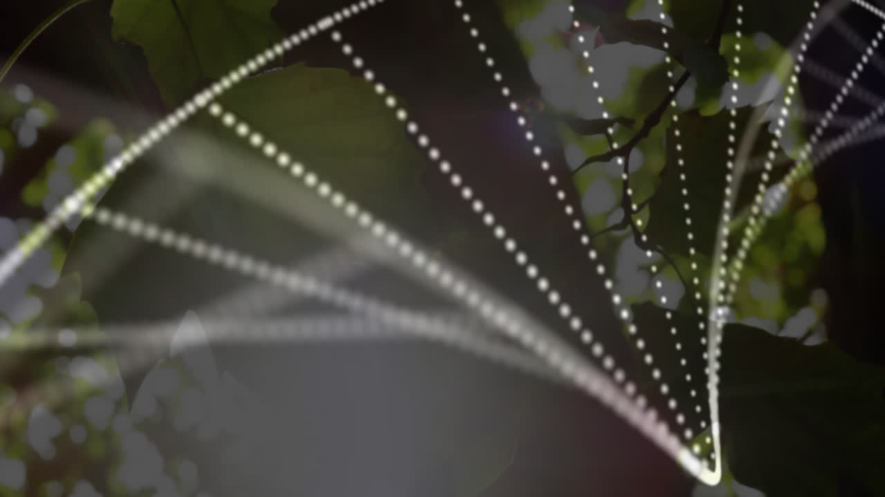 composición digital de la estructura del adn girando contra la luz solar a través de las plantas