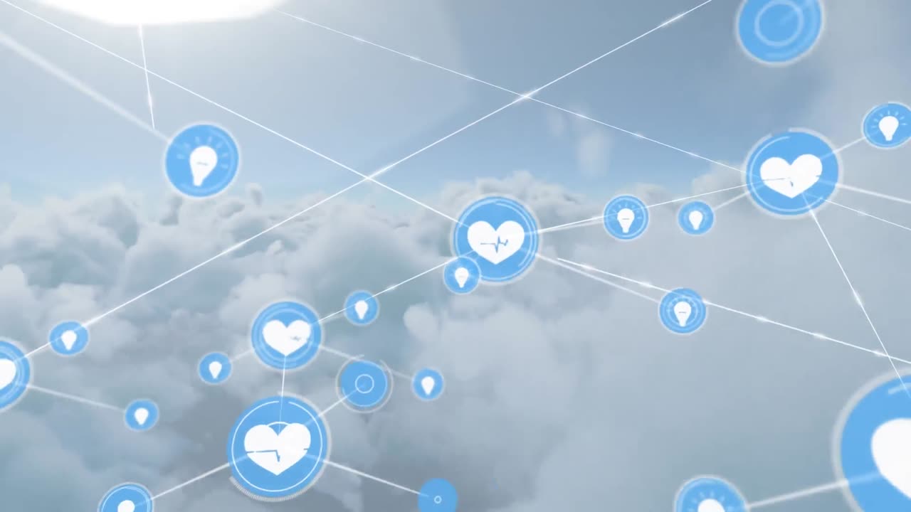 구름이 가득한 배경에 디지털 아이콘의 네트워크가 있습니다.