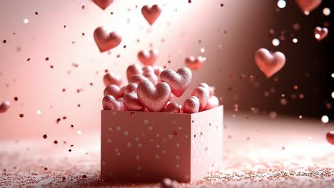 heart-shaped decorations fill a gift box. a pink gift box overflows with glittery heart-shaped decorations, creating a festive atmosphere of love and joy.