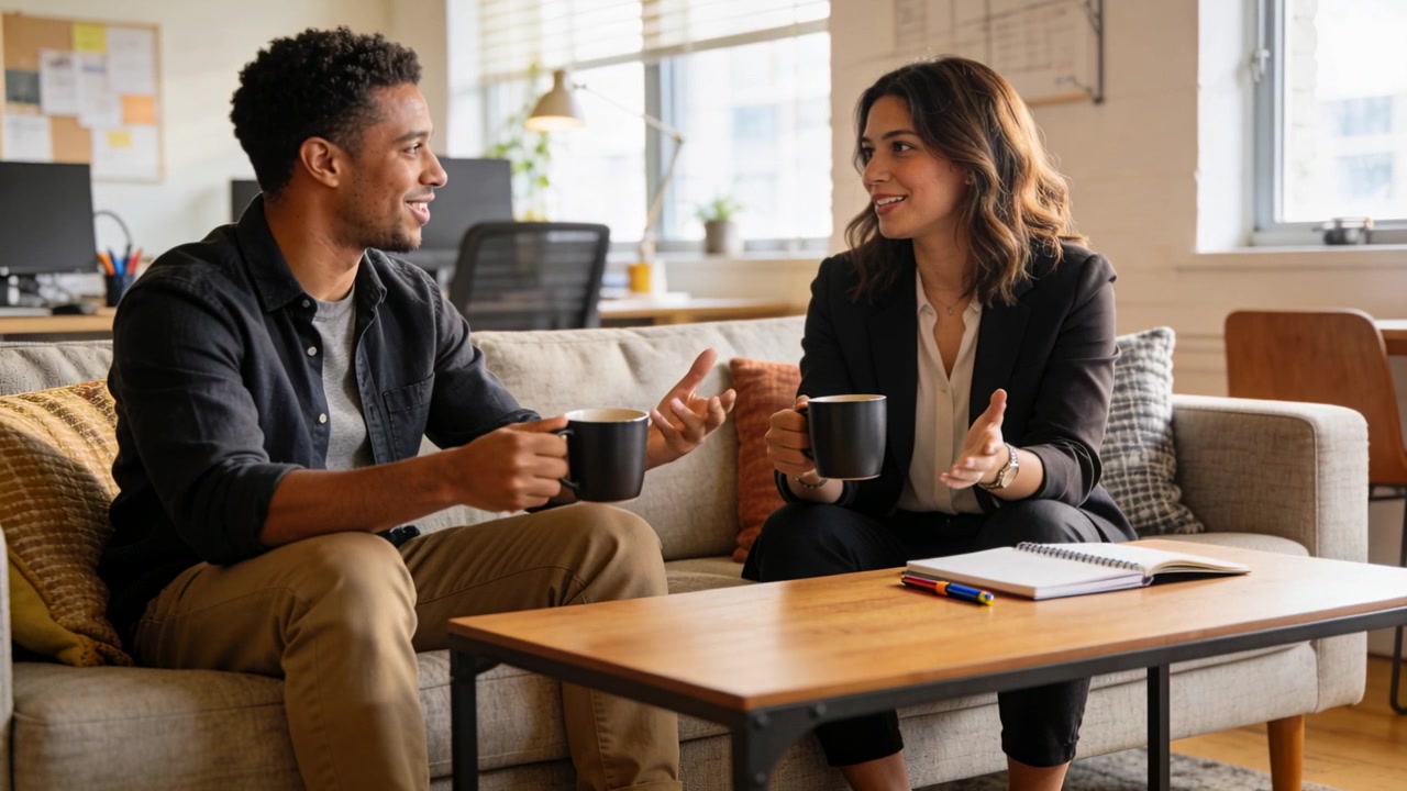Talking man in shirt starting chat, woman in blazer at office discussing work with black mugs