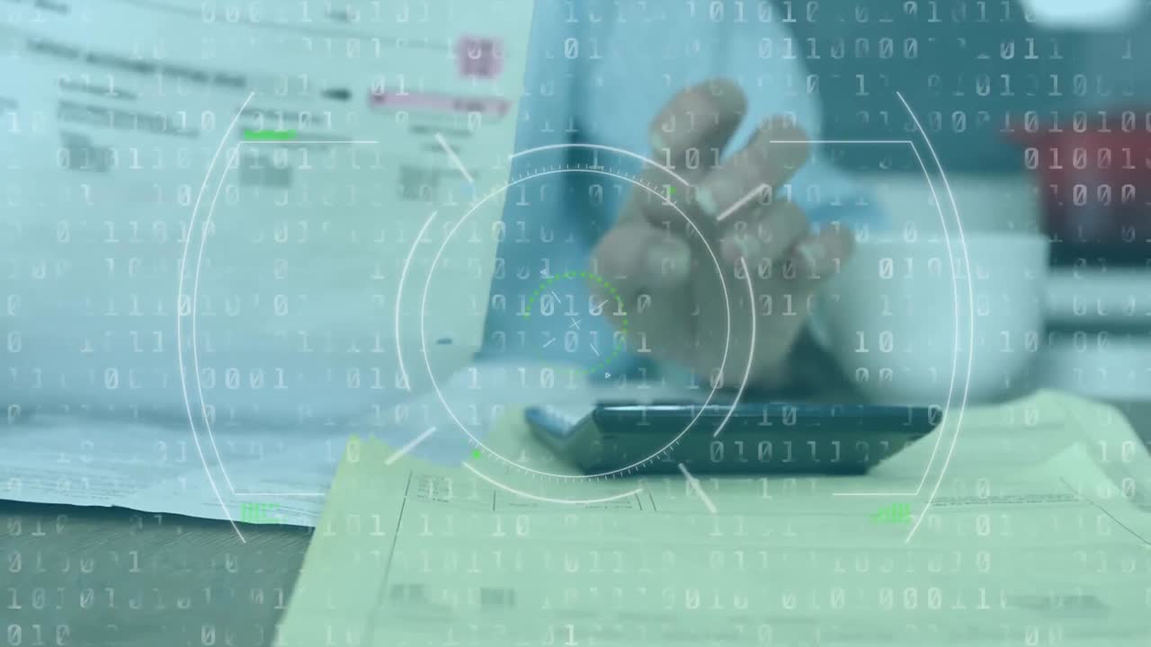 animación de un círculo giratorio con números flotando sobre la persona usando calculadora