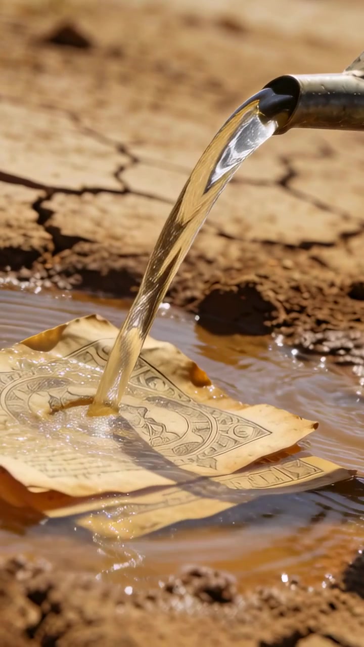 Video verticale: Beccuccio di metallo che versa inzuppando una banconota usurata su terra secca e screpolata, con increspature che si formano.