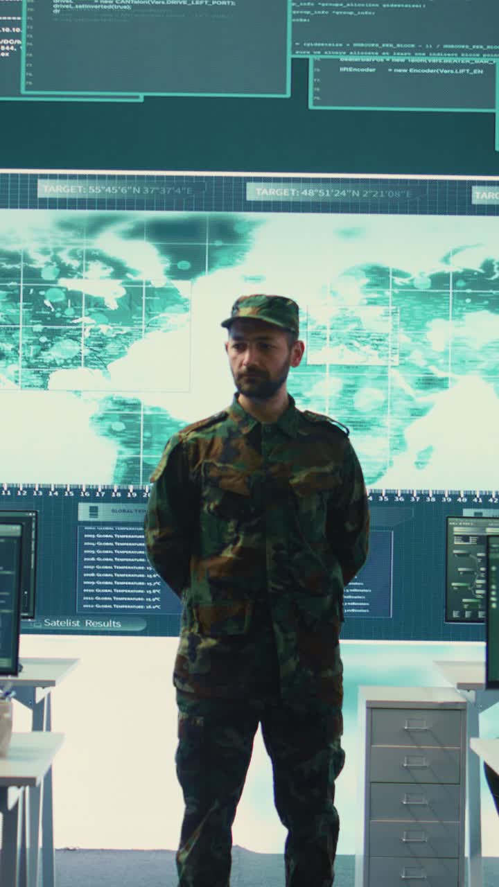Soldier in Camouflage Uniform Standing in High-Tech Command Center
