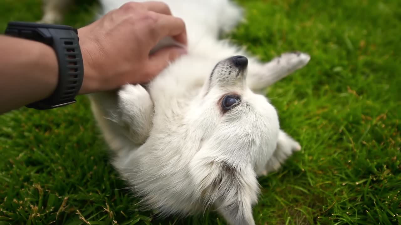 Man's hands caressing a small white pomeranian spitz on the grass. First view. Slow motion