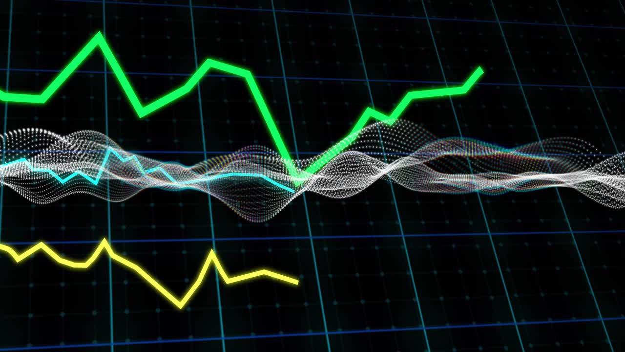At second mark three colored graphs sliding over undulating mesh wave on 3D grid visualizing trends