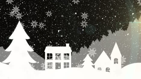 Animation-Von-Weihnachtsschneeflocken,-Die-Nachts-über-Gebäude,-Bäume-Und-Landschaft-Fallen