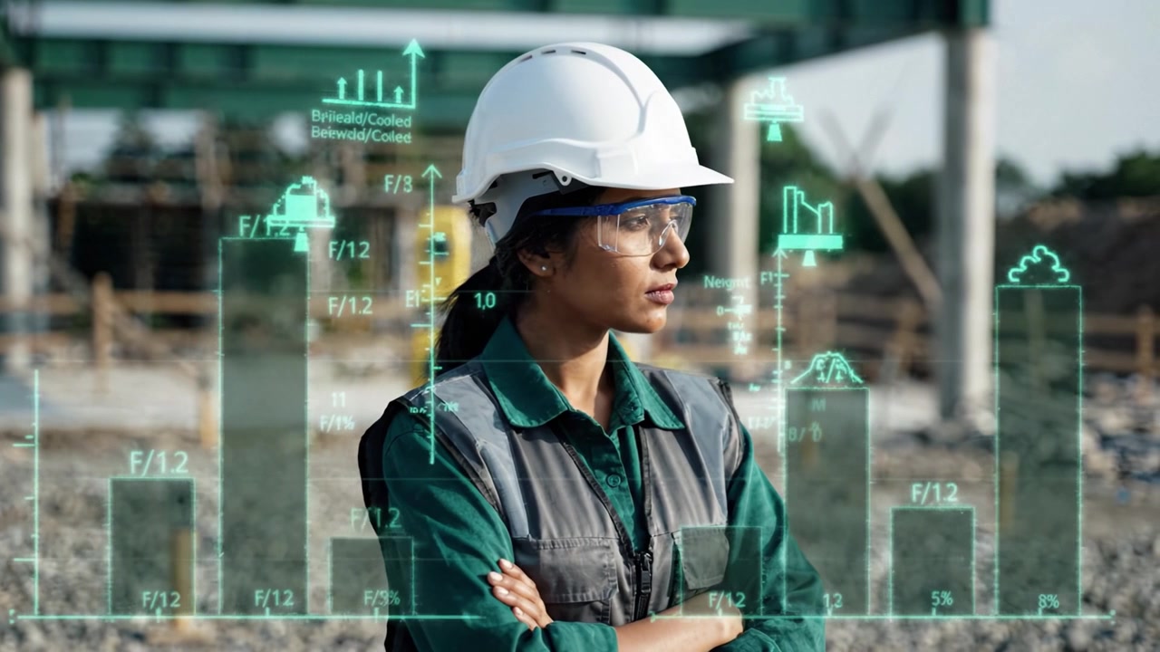 Confident Female Engineer Overseeing Construction Site with Data Visualization Displaying Progress and Metrics for Structural Integrity and Project Management