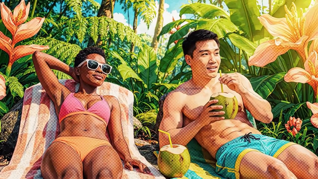 Afslapning i paradis: Et sjovt tropisk tilflugtssted med to venner, der nyder solen, friske kokosdrikke og roen fra frodigt grønt og levende blomster
