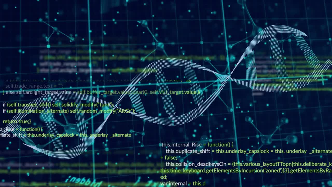 On data load DNA helix pulsing and shifting while code streams scroll, showing gene-code links