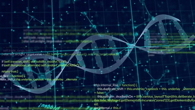 On data load DNA helix pulsing and shifting while code streams scroll, showing gene-code links