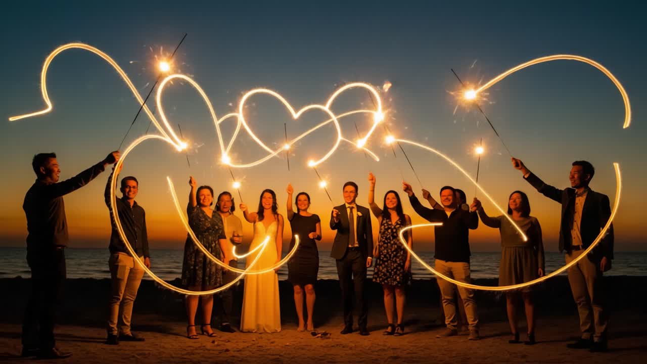 A Vibrant Celebration by the Beach as Friends Create Sparkling Light Trails with Sparklers During a Sunset Gathering, Capturing Joy and Togetherness in Perfect Harmony