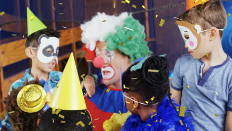 confetti animation over children in costumes celebrating at party