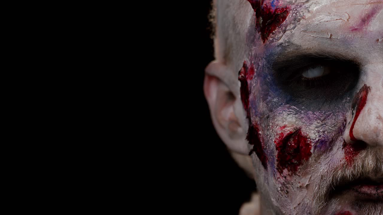 Zombie man face makeup with wounds scars and white contact lenses looking at camera, trying to scare
