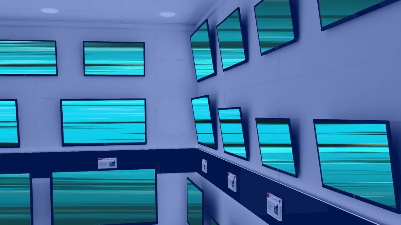 animación de filas de aparatos de televisión en la tienda con patrones en las pantallas