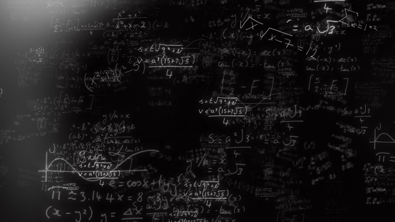 анимация светлых пятен над математическими уравнениями и формулами, плавающими на черном фоне