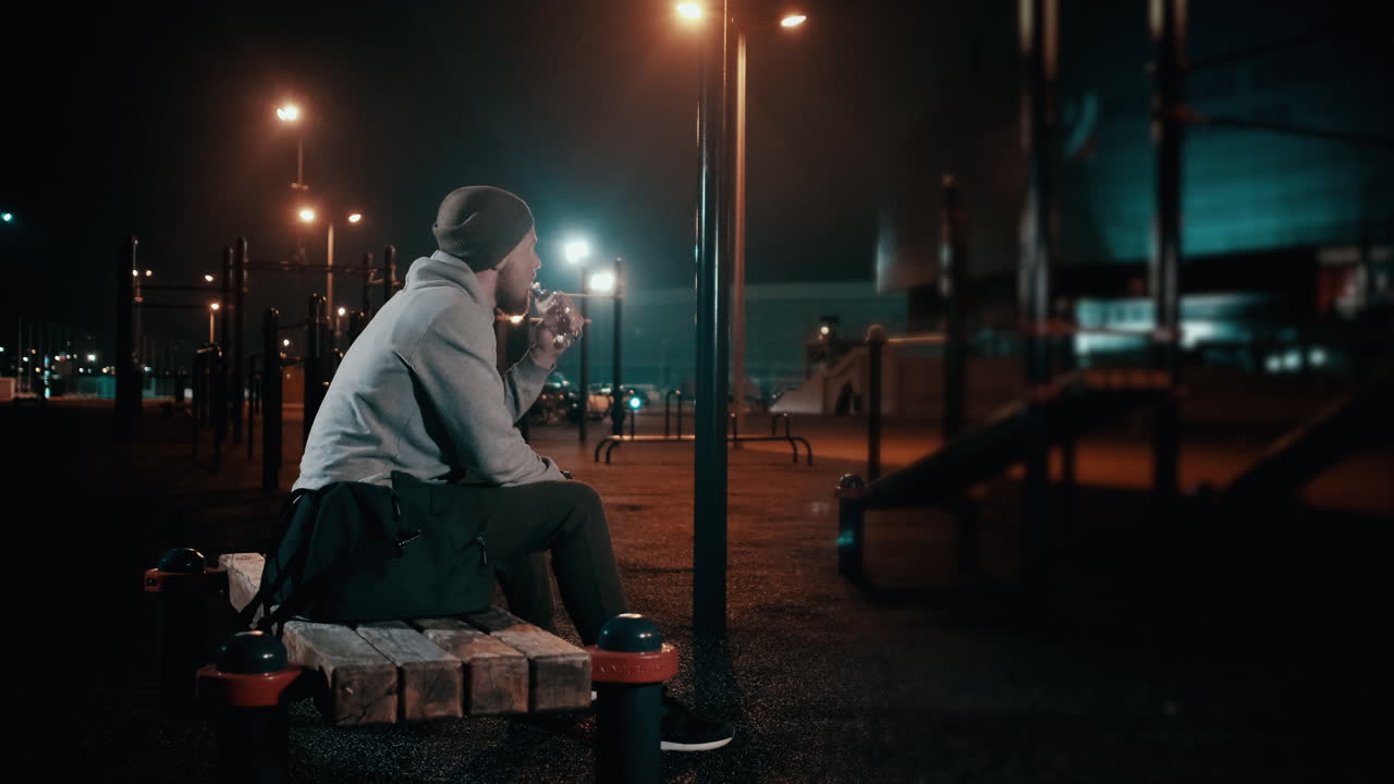 야외 체육관 에서 밤 에 벤치 에 앉아 있는 사람