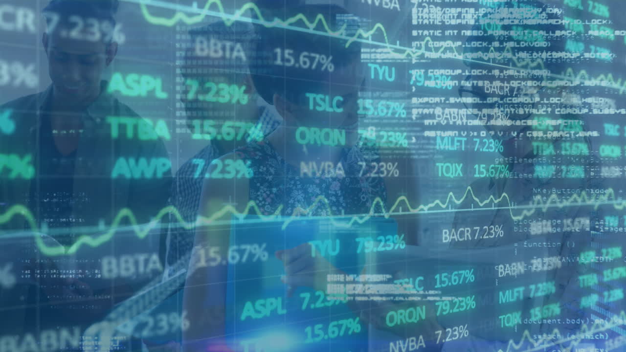 Animation of financial data processing over businesses people