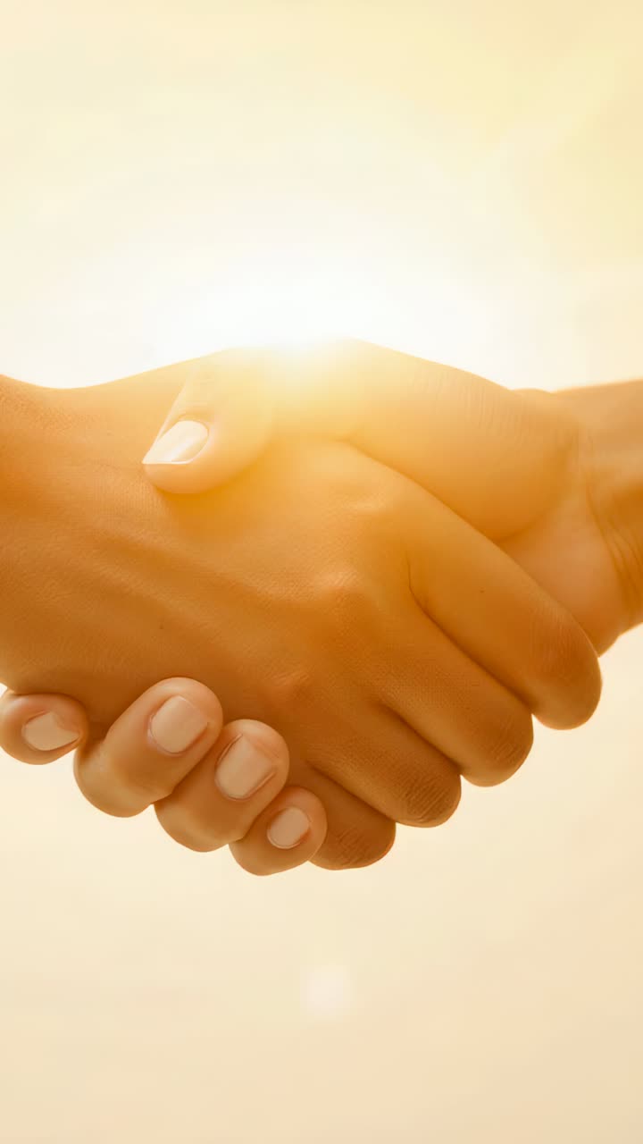 Vertical video: Clasping joined hands tightening grip during greeting at sunset, with sun halo