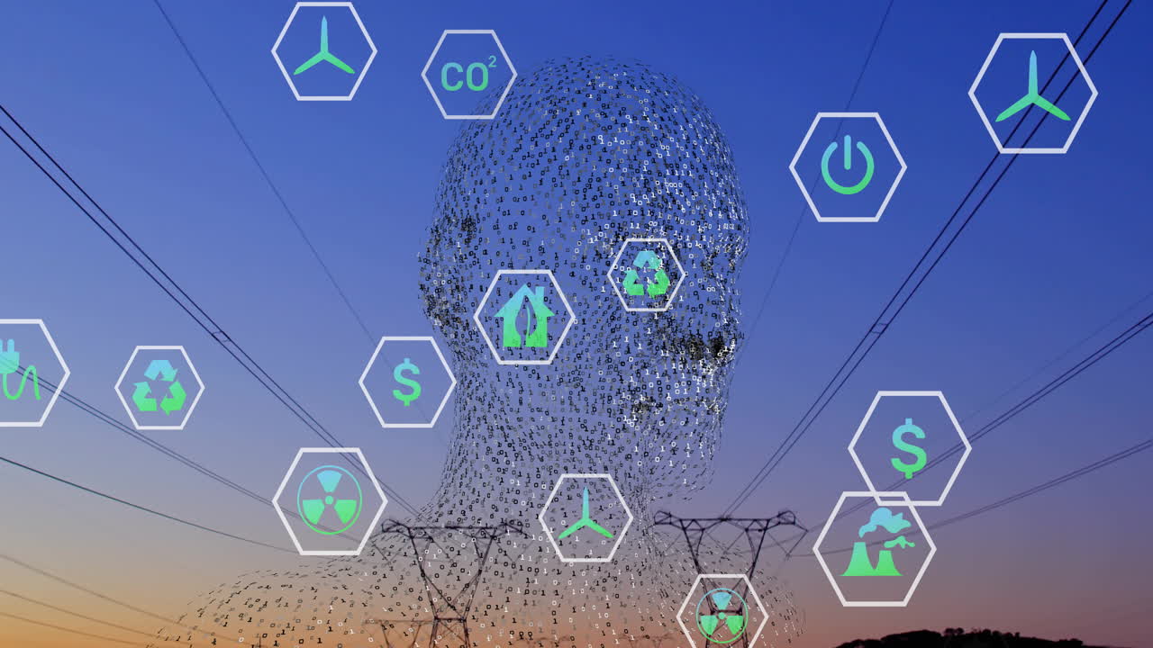 푸른 하늘 배경에 지속 가능성 아이콘을 가진 디지털 인간 머리