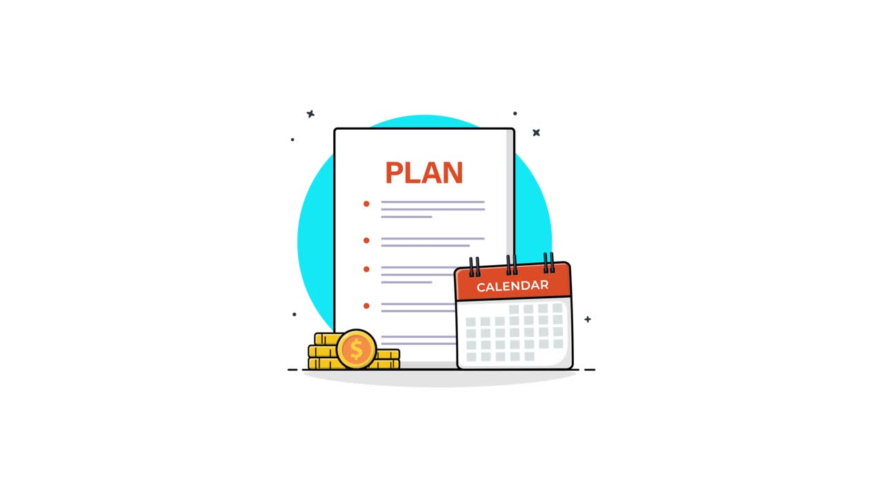 Illustration animée de planification d'entreprise avec calendrier, document et argent