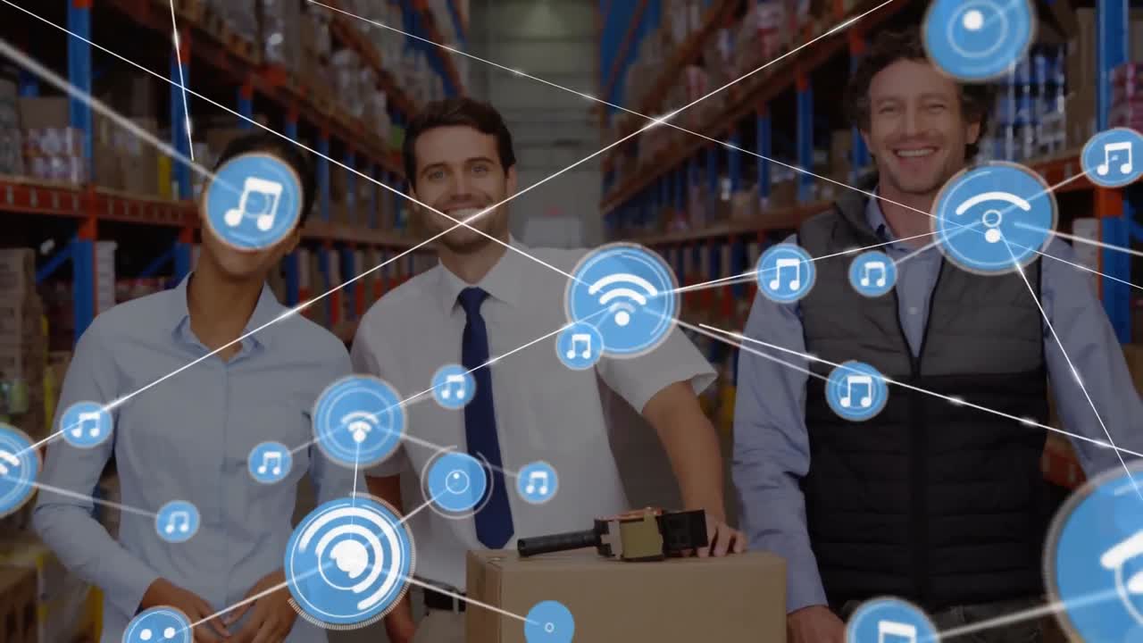 animación de la red de conexiones con iconos sobre diversos trabajadores en el almacén