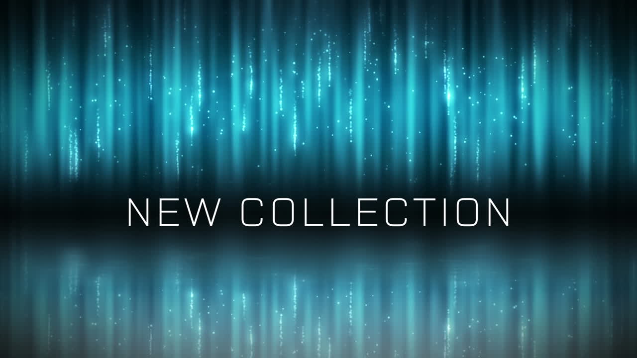 새로운 컬렉션 텍스트의 애니메이션은 검은색 배경의 빛 트레일 위에 있습니다.